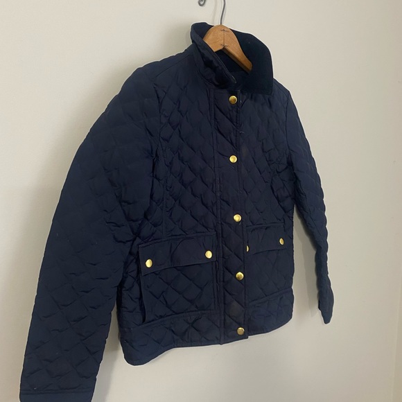 J Crew Quilted Puffer Down Jacket Womens Sz XS Corduroy Collar Navy Blue Gold - Picture 4 of 13
